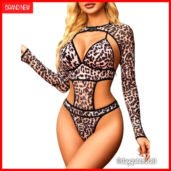 Long Sleeve Mesh Crop Top with Halter Bodysuit Set Size Small